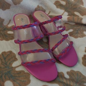 Braided-Trim Clear Strap Pink Slide Mules